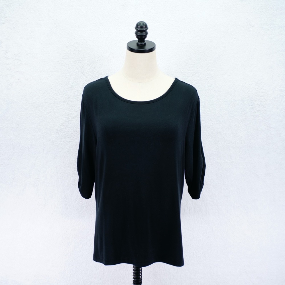 Talbots -Medium- Black Scrunched Short Sleeve Round Neck Top Rayon Spandex